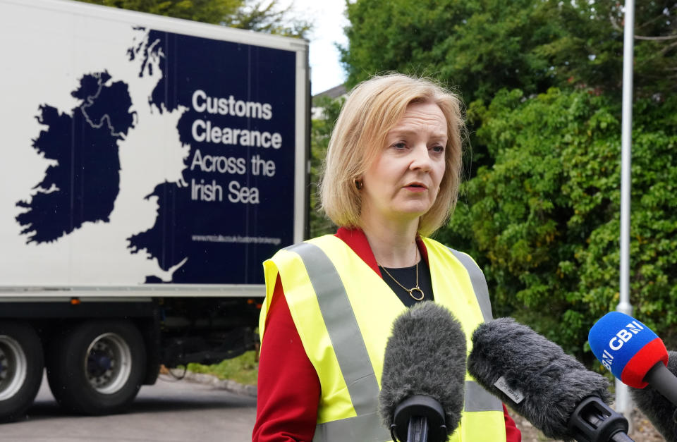 Foreign Secretary Liz Truss during a visit to McCulla Haulage, in Lisburn, Northern Ireland, to discuss the NI protocol with businesses. Picture date: Wednesday May 25, 2022.