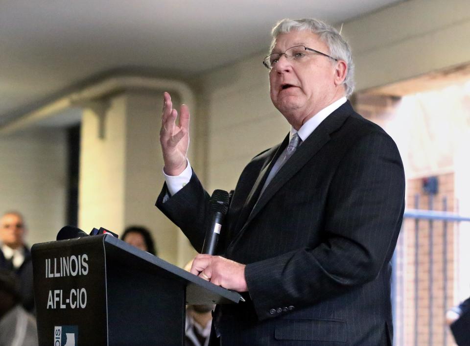 Illinois AFL-CIO President Tim Drea speaks during the 2022 Annual Workers Memorial Day Ceremony at the Illinois AFL-CIO Front Plaza on Thursday, April 28, 2022. [Thomas J. Turney/The State Journal-Register]