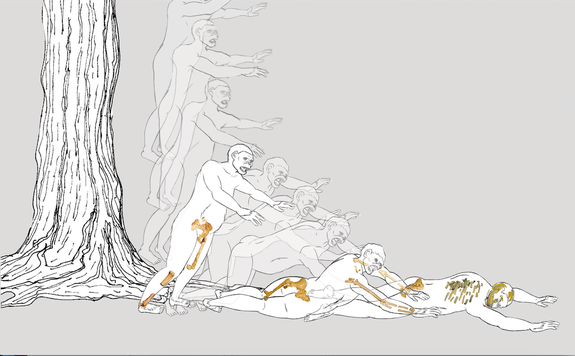 An illustration depicts the hypothesis of Lucy's fatal fall from a tree.