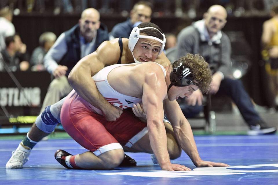Penn State’s Aaron Brooks controls North Carolina State’s Trent Hidlay in their 184-pound semifinals match of the NCAA Championships on Friday, March 17, 2023 at the BOK Center in Tulsa, Okla. Brooks took care of Hidlay, 6-3.