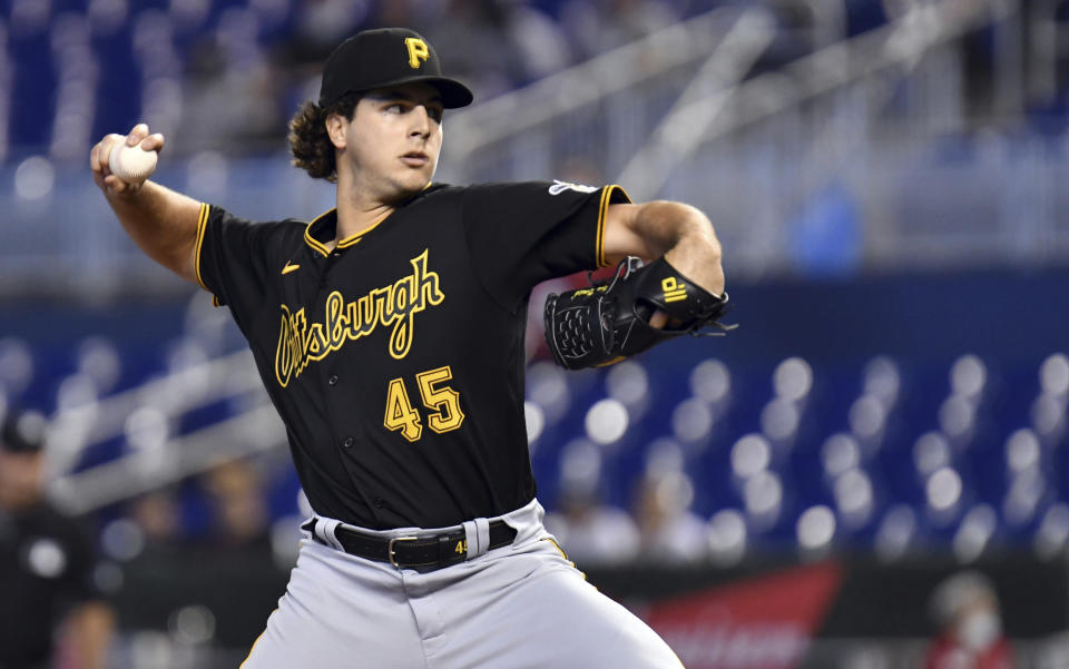 Pittsburgh Pirates pitcher Max Kranick (45) delivers against the Miami Marlins during the second inning of a baseball game, Sunday, Sept. 19, 2021, in Miami. (AP Photo/Jim Rassol)