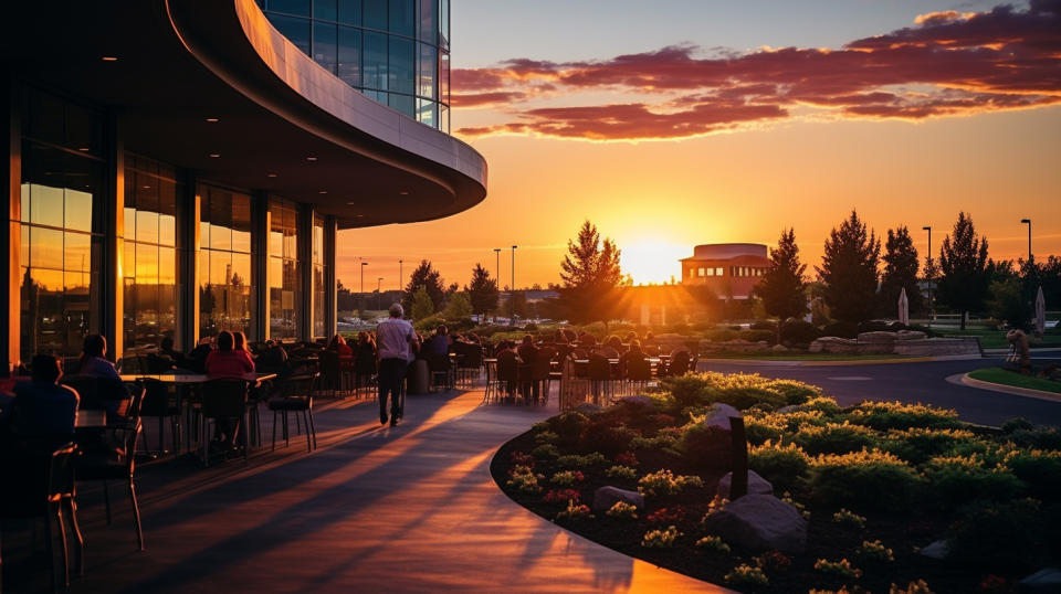 A picturesque sunset view of the Graton Resort & Casino, with patrons gambling in the background.