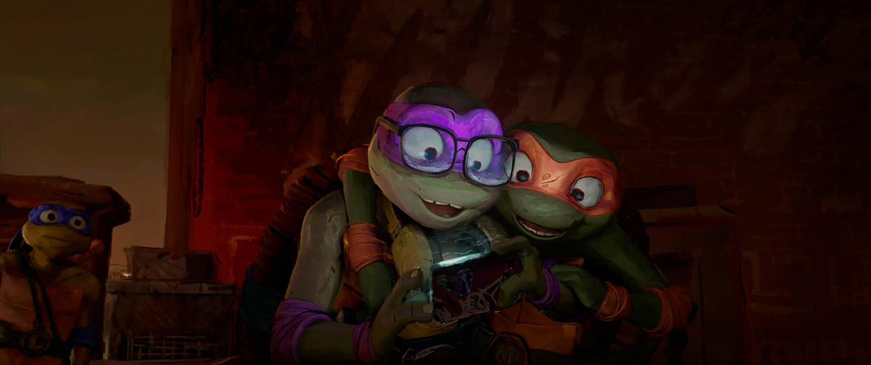 L-R: Leonardo, Donatello and Michelangelo in Teenage Mutant Ninja Turtles: Mutant Mayhem. (Paramount)
