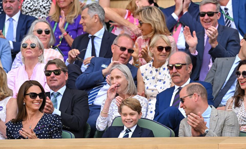 Catherine, Duchess of Cambridge, Prince George of Cambridge and Prince William, Duke of Cambridge attend The Wimbledon Men's Singles Final at All England Lawn Tennis and Croquet Club on July 10, 2022 in London, England.