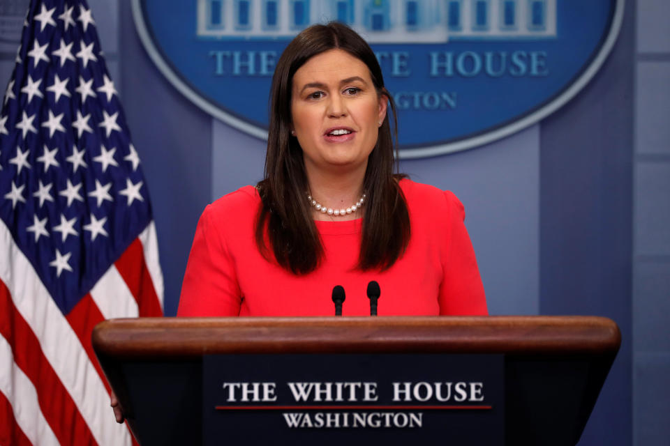 White House press secretary Sarah Sanders speaks during a briefing at the White House on Thursday. (Photo: Jonathan Ernst/Reuters)