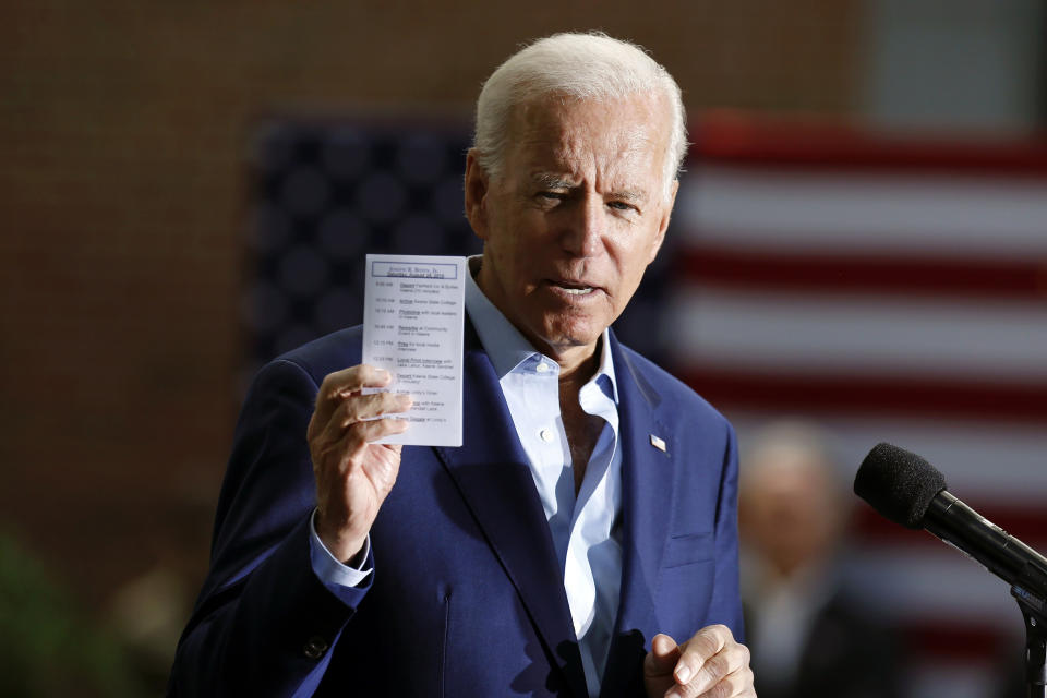 Democratic presidential candidate former Vice President Joe Biden speaks during a campaign event at Keene State College in Keene, N.H., Saturday, Aug. 24, 2019. (AP Photo/Michael Dwyer)