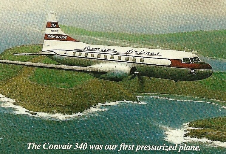 In 1952, Hawaiian Airlines introduced its first pressurized, air-conditioned cabin service with 44-passenger Convair 340s.