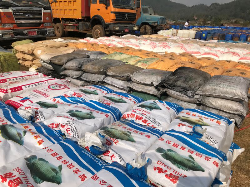 Undated handout photo of precursor chemicals used to make illicit drugs such as methamphetamine, ketamine, heroin and fentanyl seized by Myanmar police and military near Loikan village in Shan State