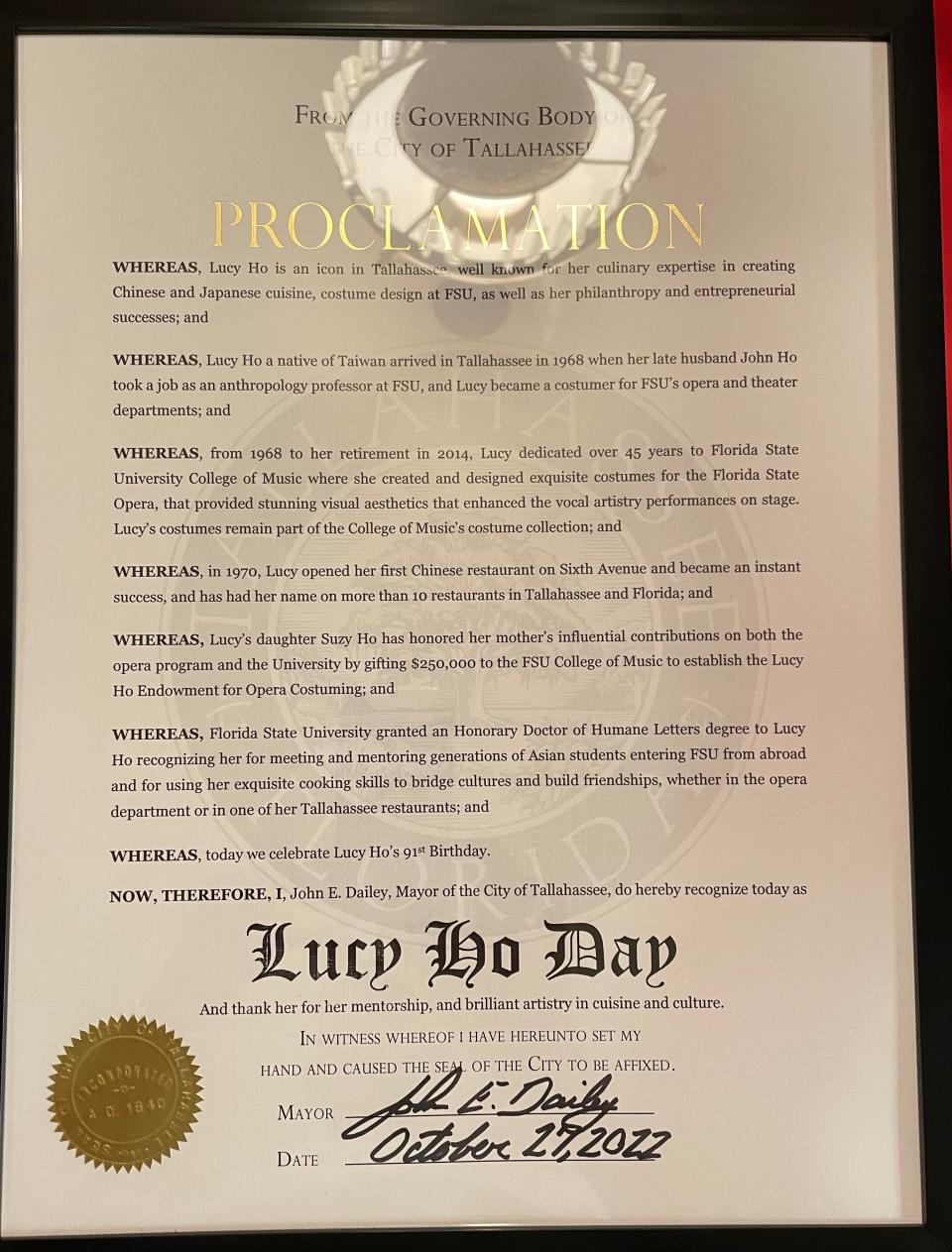 Mayor John Dailey presented Lucy Ho with a proclamation announcing that Oct. 27, 2022, shall henceforth be known in Tallahassee as LUCY HO DAY in recognition of her ability to “bridge cultures and build friendships.”