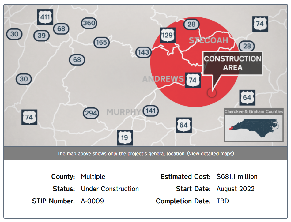 A map showing the general location of the Corridor K Highway Improvement Project from the North Carolina Department of Transportation's website.