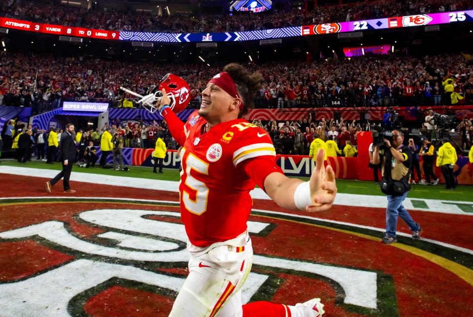 Kansas City Chiefs quarterback Patrick Mahomes (15) celebrates after defeating the San Francisco 49ers in overtime of Super Bowl LVIII at Allegiant Stadium.