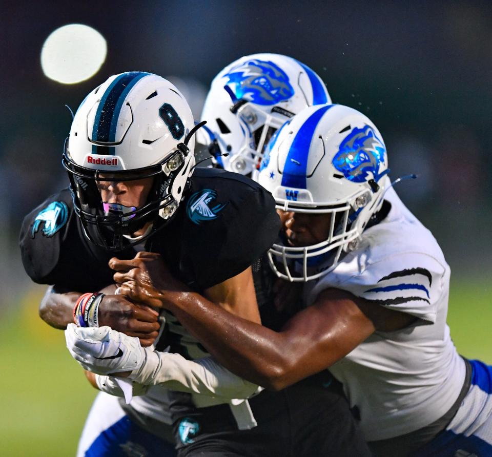 Jensen Beach wide receiver Jonathan Ahern (8) catches a pass in a high school football game against Wellington on Friday Sept. 8, 2023. 