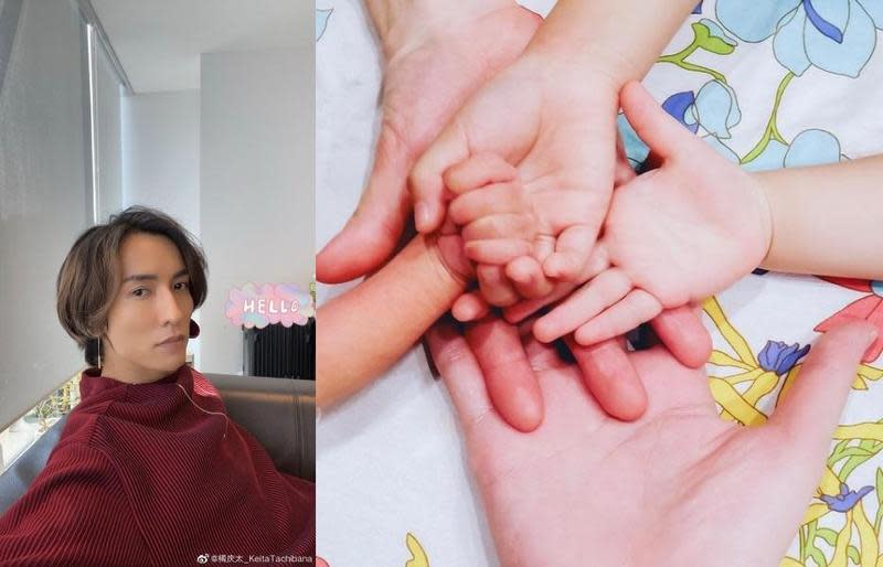 橘慶太透過社群網站開心宣布他與松浦亞彌迎來第3個寶貝子女。（合成圖片，翻攝橘慶太微博、IG）