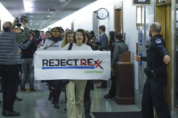 Members of Greenpeace protest the nomination for Secretary of State of nominee Rex Tillerson during his  confirmation hearing, on Wed., Jan. 11, 2017.