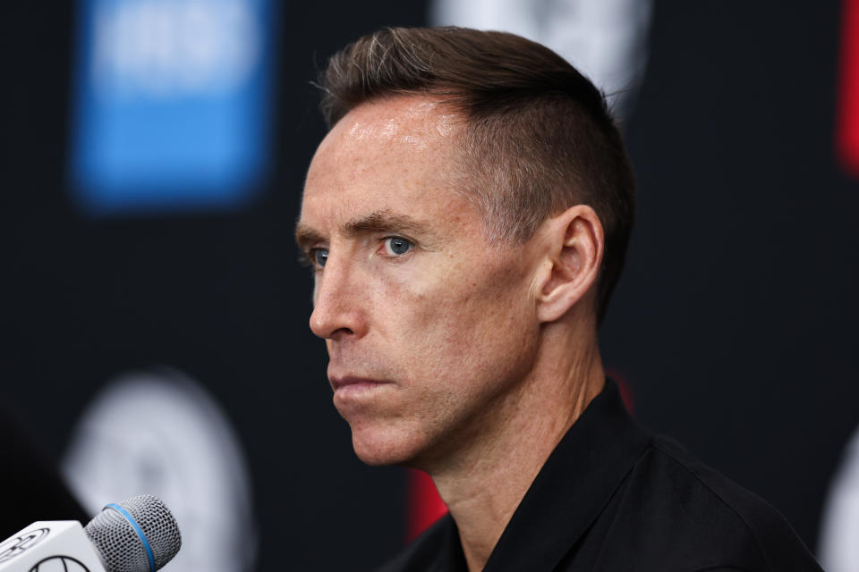 Brooklyn Nets head coach Steve Nash speaks at Nets media day at HSS Training Center in the Brooklyn borough of New York City on Sept.  26, 2022. (Dustin Satloff/Getty Images)