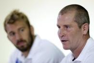 Rugby Union - England Press Conference - Pennyhill Park, Bagshot, Surrey - 1/10/15 England head coach Stuart Lancaster and Chris Robshaw during the press conference Action Images via Reuters / Henry Browne Livepic