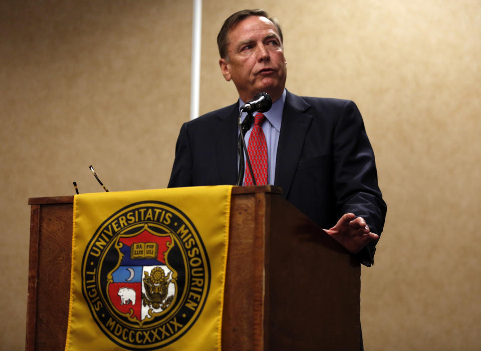 Edward L. Dowd, Jr., of the Dowd Bennett law firm, speaks during a news conference Friday, April 11, 2014, in Rolla, Mo. The news conference was held to discuss the firm's review of the University of Missouri's response to a case involving school swimmer Sasha Menu Courey, who killed herself 16 months after an alleged off-campus rape by as many as three football players in February 2010. (AP Photo/Jeff Roberson)