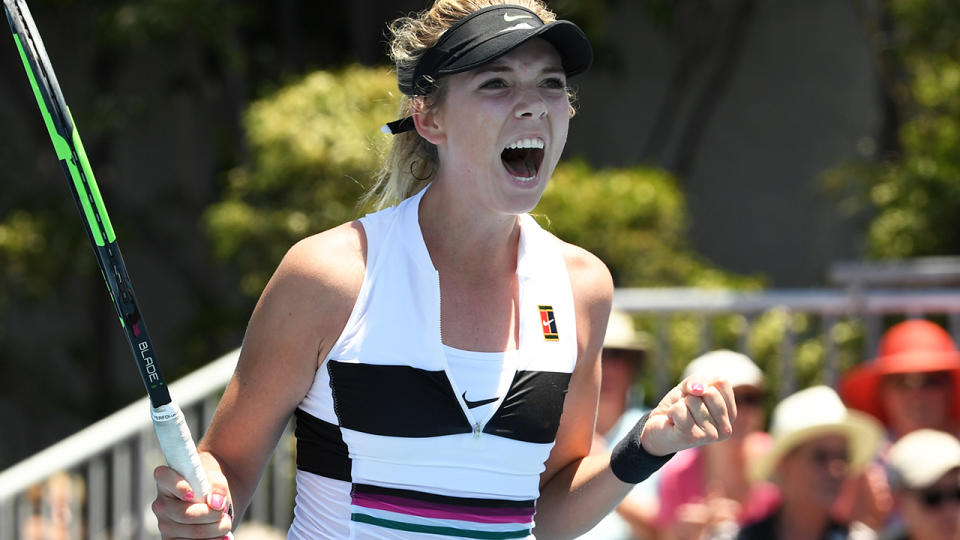 Katie Boulter reacts when thinking she won her match. (Photo by James D. Morgan/Getty Images)