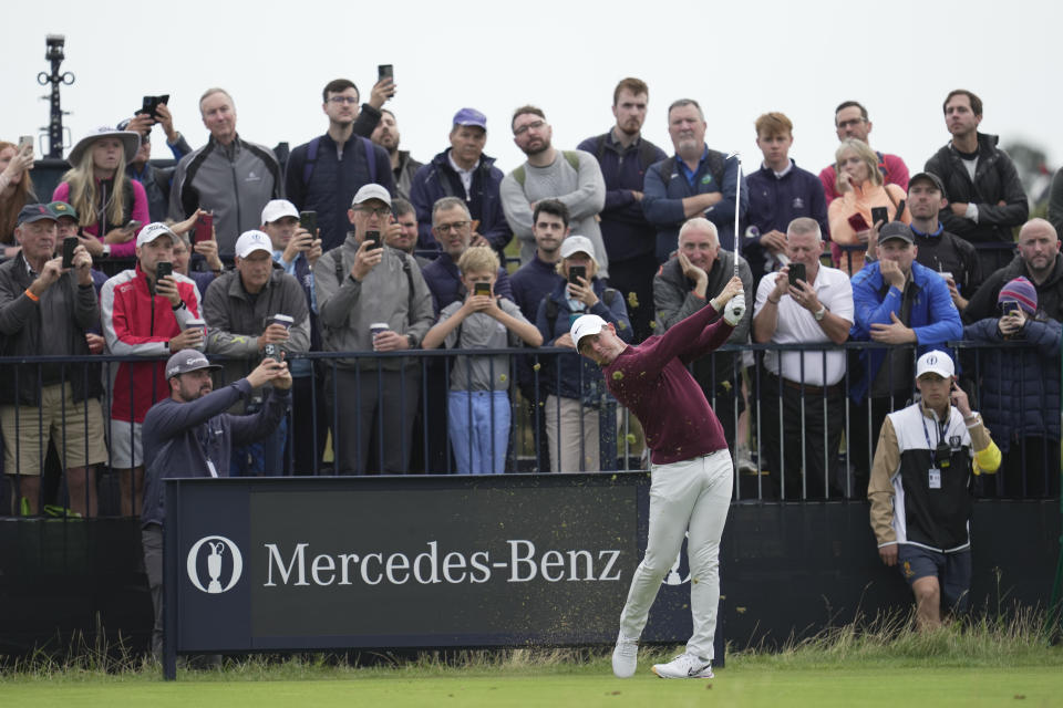 Northern Ireland's Rory McIlroy plays his tee shot off the 5th hole during a practice round for the British Open Golf Championships at the Royal Liverpool Golf Club in Hoylake, England, Tuesday, July 18, 2023. The Open starts Thursday, July 20. (AP Photo/Kin Cheung)