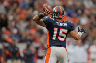 DENVER, CO - OCTOBER 09: Quarterback Tim Tebow #15 of the Denver Broncos delivers a pass against the San Diego Chargers at Sports Authority Field at Mile High on October 9, 2011 in Denver, Colorado. The Chargers defeated the Broncos 29-24. (Photo by Doug Pensinger/Getty Images)