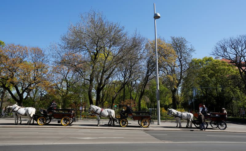 Fiaker horse carriages wait for food packages in Vienna