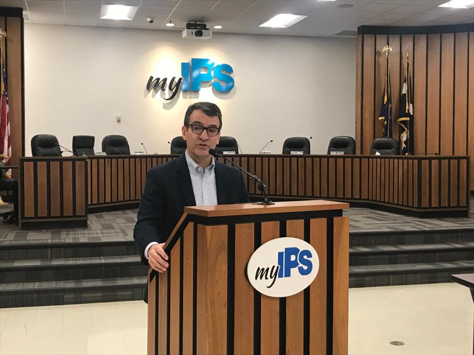 Michael O'Connor, president of the Indianapolis Public Schools board, speaking at the IPS headquarters on Friday, Feb. 15, 2019.