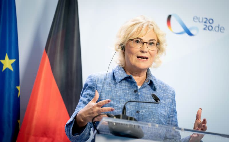 FILE PHOTO: German Justice Minister Lambrecht news conference after virtual meeting with the EU Ministers of Justice in Berlin