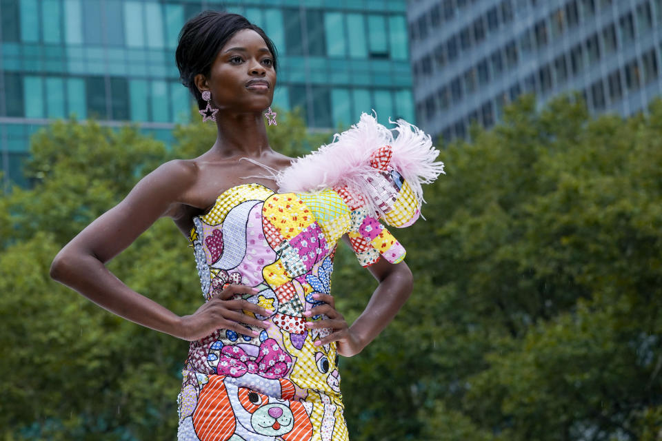 The Moschino collection is modeled during New York Fashion Week, Thursday, Sept. 9, 2021. (AP Photo/Mary Altaffer)