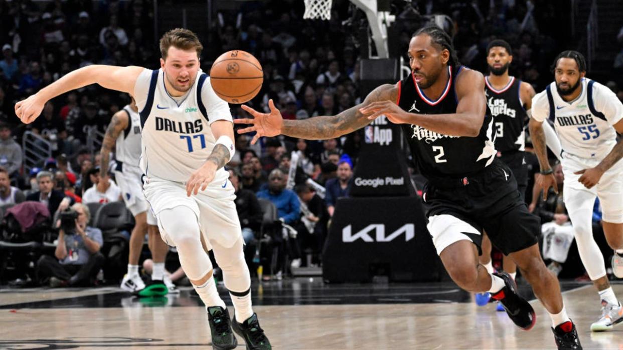 <div>Kawhi Leonard #2 of the LA Clippers steals the ball from Luka Doncic #77 of the Dallas Mavericks in the second half of game 2 of a first round playoff NBA basketball game at Crypto.com Arena in Los Angeles on Tuesday, April 23, 2024. (Photo by Keith Birmingham/MediaNews Group/Pasadena Star-News via Getty Images)</div> <strong>(Getty Images)</strong>