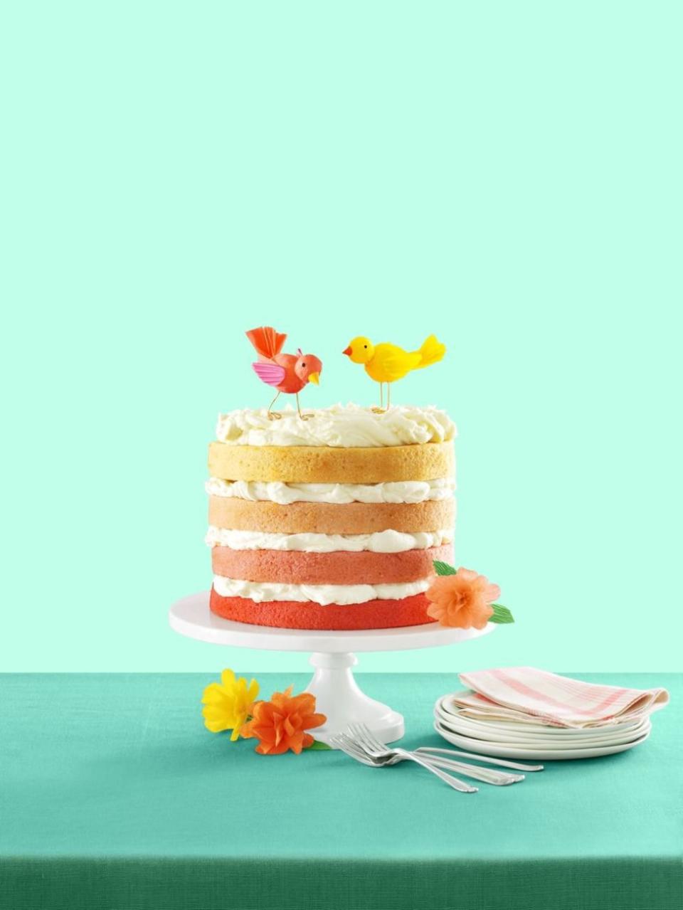 <p>Keep things simple and stylish with an ombré cake for the baby shower. The colors can easily be changed, so you can easily make it blue for a boy's baby shower (or make it any other color that strikes your fancy!) </p><p><a rel="nofollow noopener" href="https://www.womansday.com/food-recipes/food-drinks/recipes/a54430/pink-ombre-cake-with-buttercream-recipe/" target="_blank" data-ylk="slk:Get the recipe.;elm:context_link;itc:0;sec:content-canvas" class="link ">Get the recipe.</a></p>