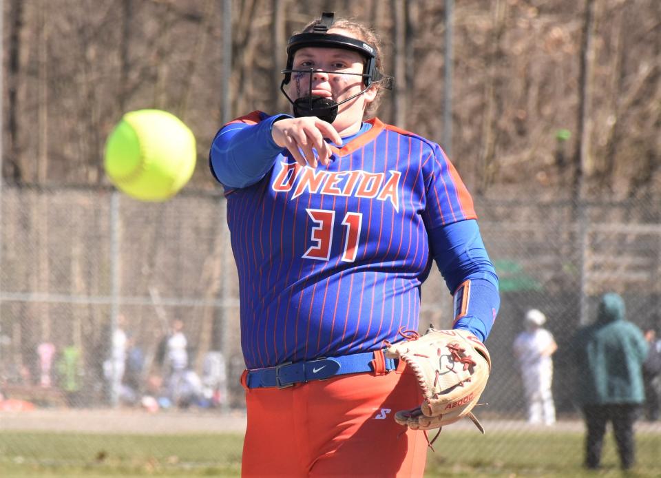 Bethany Honness delivers a pitch for Oneida at the Sunday, April 7, 2024, Disabled American Veterans Tournament at the Mudville complex in Herkimer, New York. Honness received a most valuable player award for her role in Oneida wins over Fonda-Fultonville and Voorheesville.