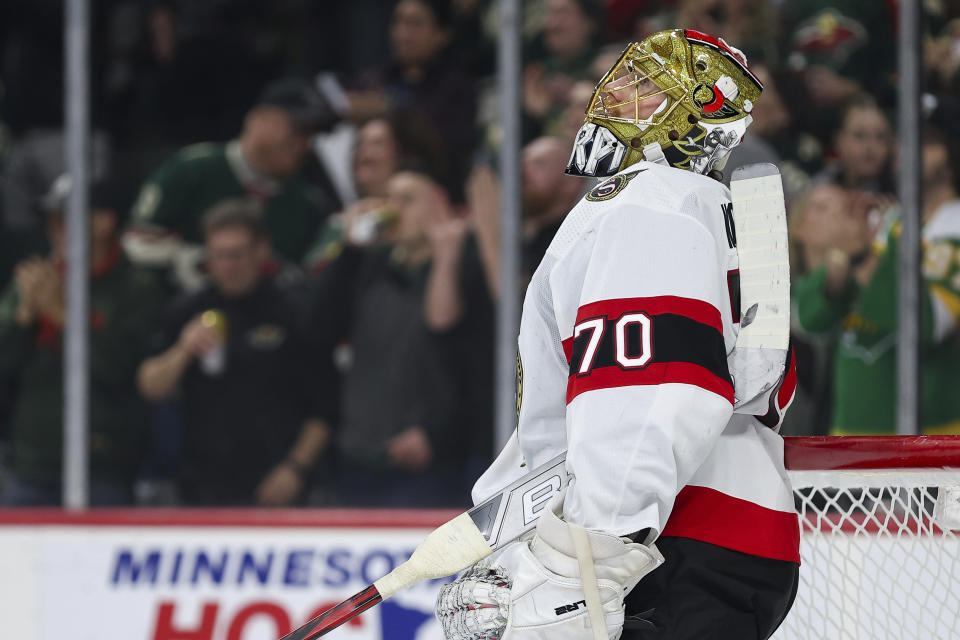 Ottawa Senators goaltender Joonas Korpisalo (70) looks up to the videoboard after giving up a goal to Minnesota Wild center Mason Shaw (not pictured) during the first period of an NHL hockey game Tuesday, April 2, 2024, in St. Paul, Minn. (AP Photo/Matt Krohn)