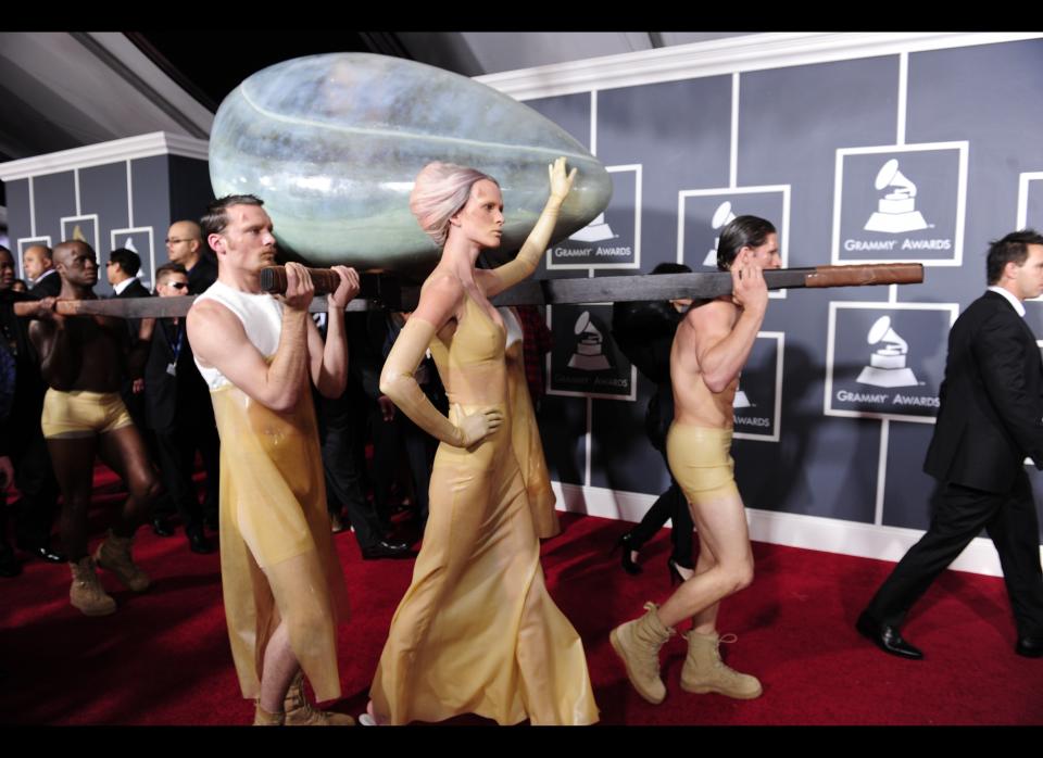 <strong>Lady Gaga</strong>'s been making style headlines since 2008, but it was her transportation choice that turned heads at the 2011 Grammys.    Gaga treated the Grammys, which took place in February, like private performance art. Cue her arrival on the red carpet encased in a giant egg, which was carried on poles by stoic handlers.     Inside, Gaga "hatched" from the egg onstage, slinking her way out to sing, naturally, "Born This Way," in a plastic-looking yellow dress that resembled a lasagna noodle.    But lest you think Gaga really suffered for her style, fear not: the egg <a href="http://www.hollywoodreporter.com/news/lady-gaga-explains-pod-arrival-99106" target="_hplink">reportedly contained an oxygen tank.</a>