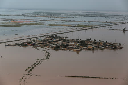 FILE PHOTO: An aerial view of flooding in Khuzestan province, Iran, April 5, 2019. Mehdi Pedramkhoo/Tasnim News Agency/via REUTERS/File Photo