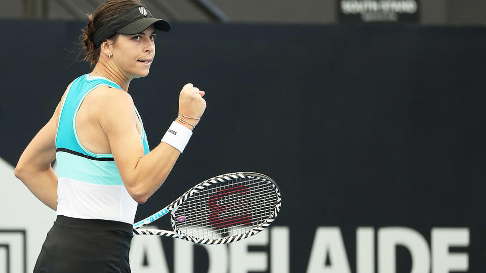 Ajla Tomljanovic, pictured here celebrating after defeating Yulia Putintseva at the Adelaide International.