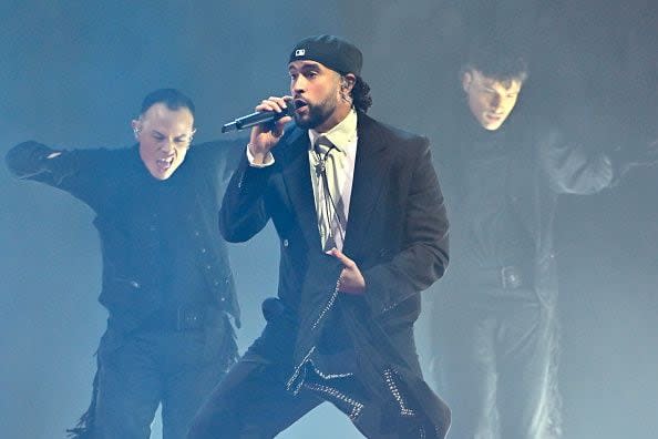 LAS VEGAS, NEVADA - FEBRUARY 23: Bad Bunny performs during a stop of the Most Wanted Tour at T-Mobile Arena on February 23, 2024 in Las Vegas, Nevada. (Photo by David Becker/Getty Images)