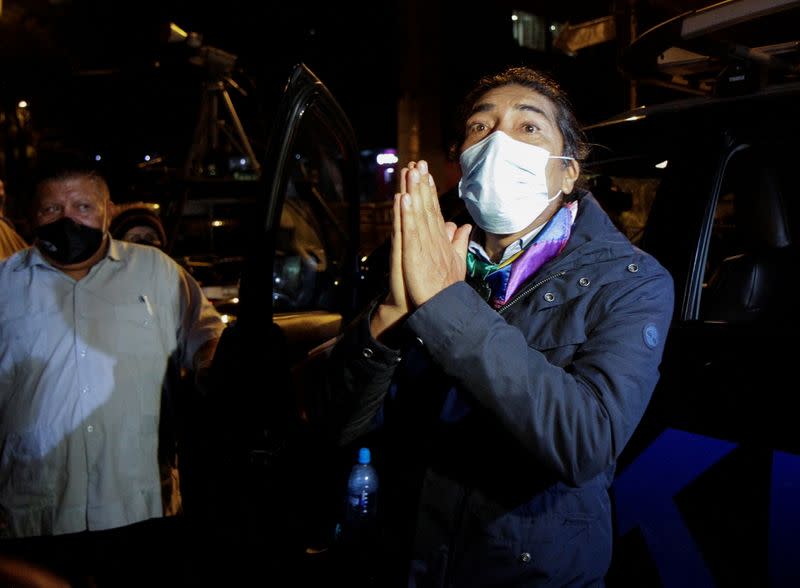 Ecuador's presidential candidate Yaku Perez gestures during the presidential election, in Quito