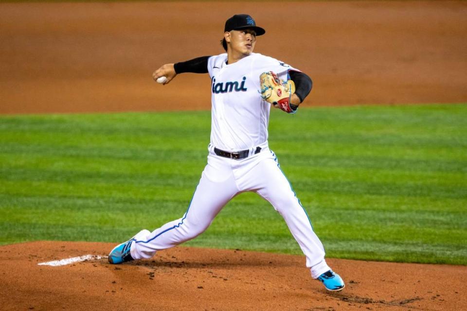 Miami Marlins right-handed pitcher Jordan Yamamoto (50) throws a pitch during the first inning of a Major League Baseball game against the New York Mets at Marlins Park in Miami, Florida on Monday, August 17, 2020.