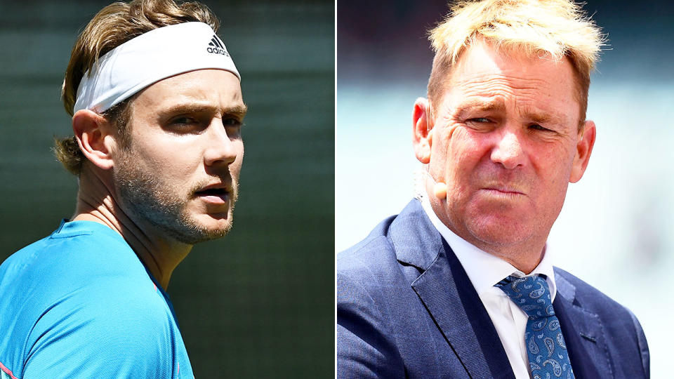 Pictured left, England bowler Stuart Broad alongside Aussie great Shane Warne.