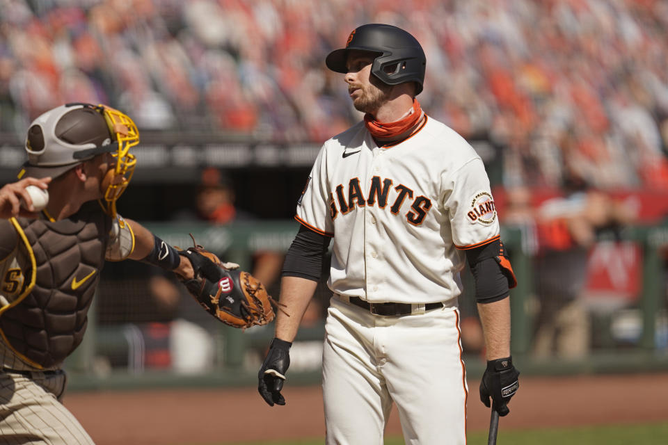 San Francisco Giants' Austin Slater reacts after striking out looking against San Diego Padres starting pitcher Adrian Morejon in the third inning of a baseball game Sunday, Sept. 27, 2020, in San Francisco. (AP Photo/Eric Risberg)