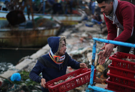 Fishermen unload their catch at the seaport of Gaza City, after Israel expanded fishing zone for Palestinians April 2, 2019. REUTERS/Suhaib Salem