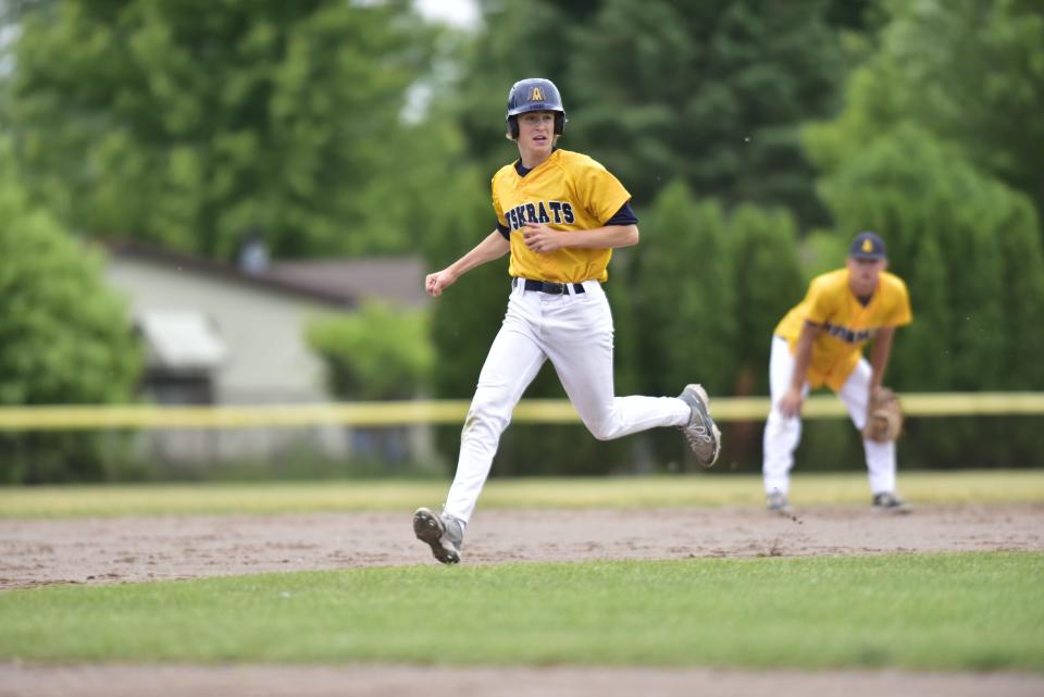 Algonac's Cal Meleski runs to third base during a practice at Algonac High School on Monday. The Muskrats will face Lansing Catholic in a Division 3 state semifinal on Thursday.