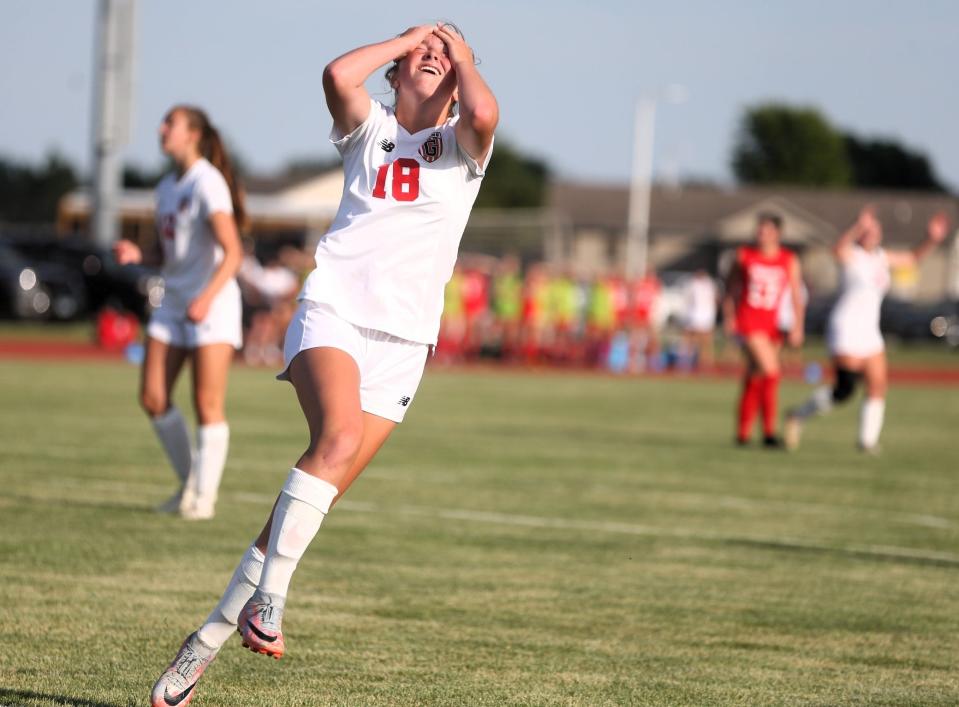 Chatham Glenwood's Rowann Law reacts after miss during the Class 2A supersectional against Troy Triad at the Glenwood Athletic Complex on Tuesday, May 30, 2023.