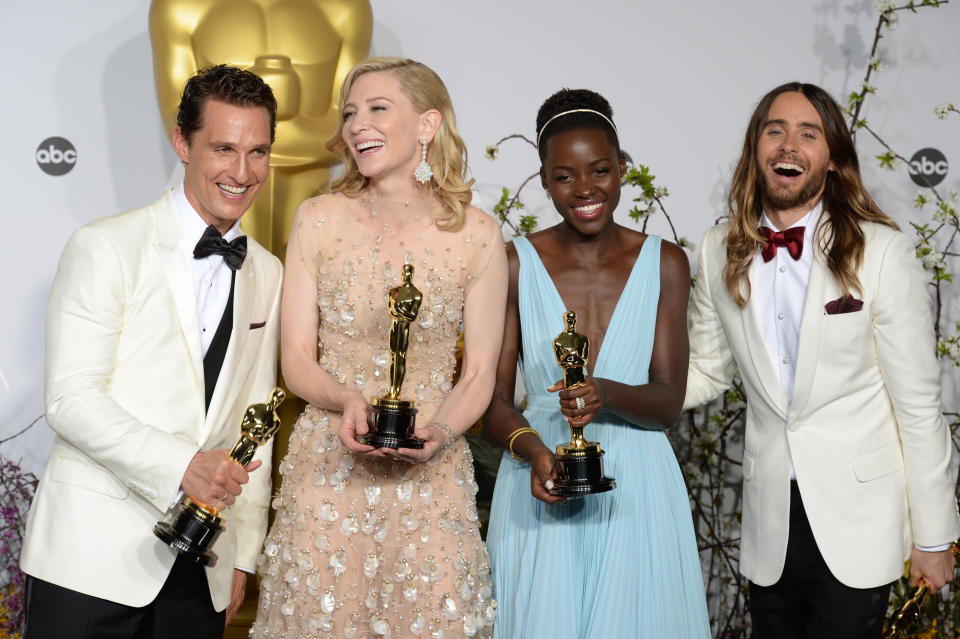 (left to right) Best Actor Matthew McConaughey, Best Actress Cate Blanchett, Best Supporting Actress Lupita Nyong'o and Best Supporting Actor Jared Leto in the press room of the 86th Academy Awards held at the Dolby Theatre in Hollywood, Los Angeles, CA, USA, March 2, 2014.