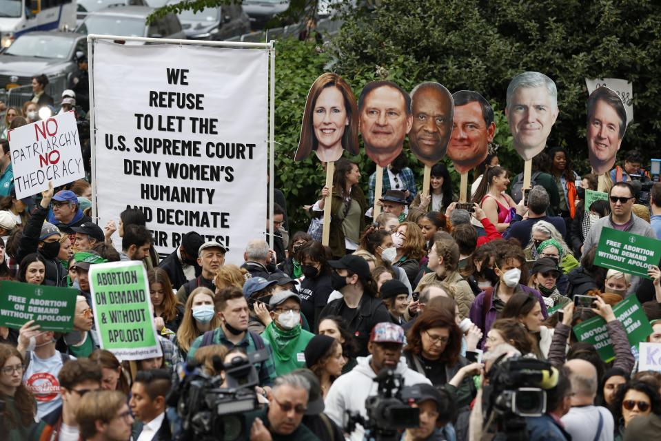 Protesters rally in support of abortion rights, Tuesday in New York. A draft opinion suggests the U.S. Supreme Court could be poised to overturn the landmark 1973 Roe v. Wade case that legalized abortion nationwide.