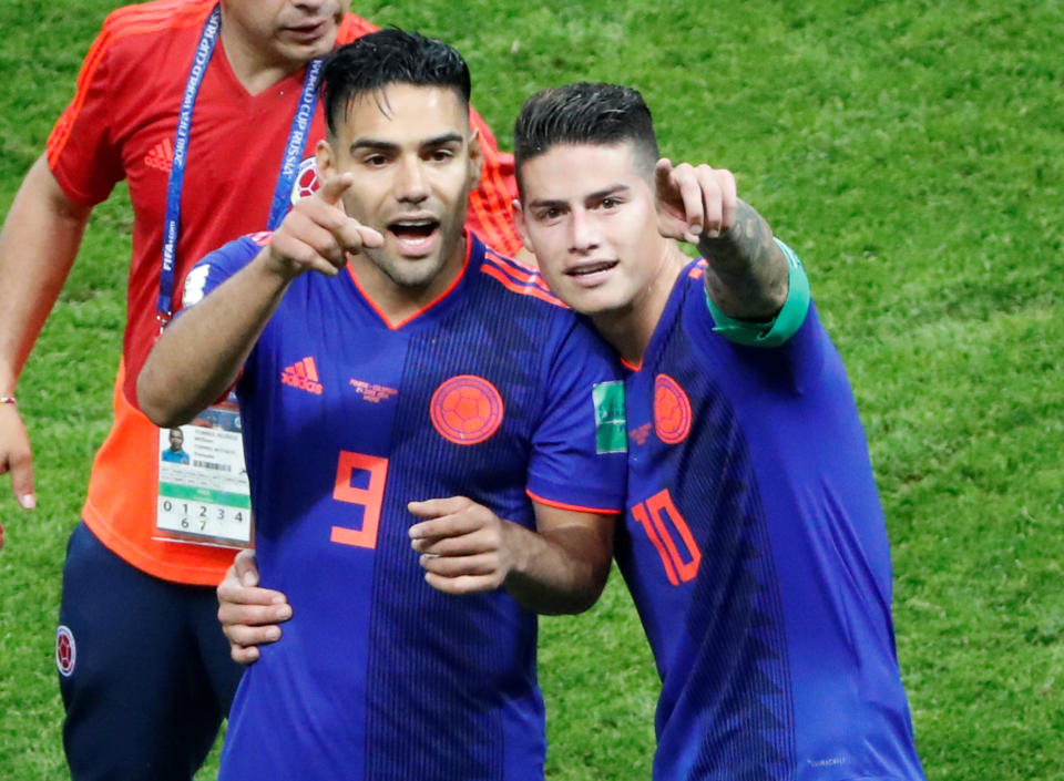 Soccer Football – World Cup – Group H – Poland vs Colombia – Kazan Arena, Kazan, Russia – June 24, 2018 Colombia’s Radamel Falcao and James Rodriguez celebrate after the match REUTERS/Jorge Silva