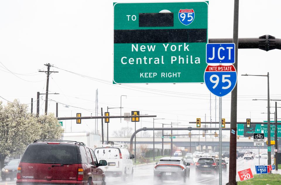 Drivers navigate along Aramingo Avenue in Northeast Philadelphia on Tuesday, April 2, 2024. Sections I-95 North will be closed for days to make emergency repairs after a vehicle hit a rail bridge.