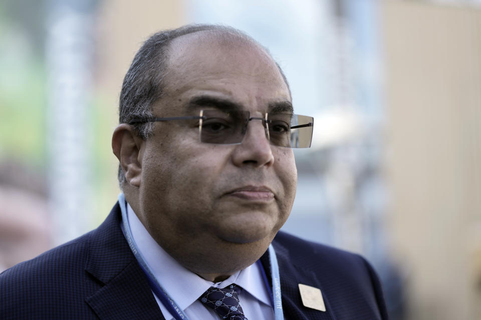 Mahmoud Mohieldin, Egypt's climate champion, speaks with The Associated Press at the COP27 U.N. Climate Summit, Monday, Nov. 14, 2022, in Sharm el-Sheikh, Egypt. (AP Photo/Nariman El-Mofty)