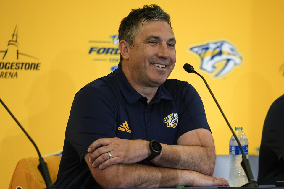 Nashville Predators new head coach Andrew Brunette responds to questions during a news conference at the NHL hockey team's arena Wednesday, May 31, 2023, in Nashville, Tenn. (AP Photo/George Walker IV)