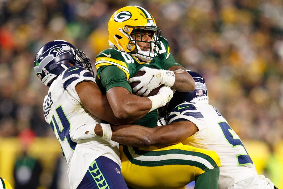 A.J. Dillon stepped into the main running back role for the Packers on Sunday night when Aaron Jones sprained his knee and accounted for 128 yards from scrimmage and two touchdowns.